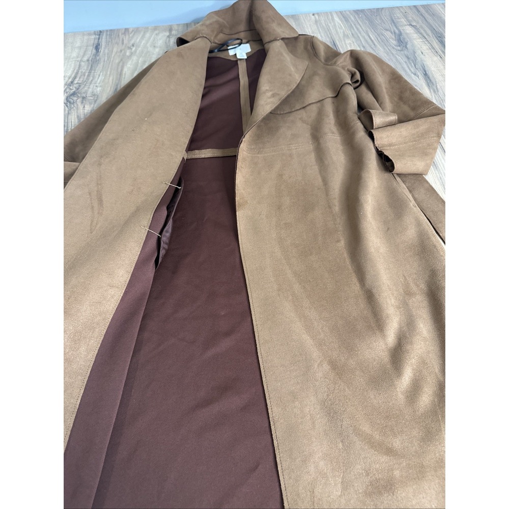 H&M Faux Suede Oversized Jacket Womens XS Tan Longline Coat Belted Pockets - Picture 4 of 14